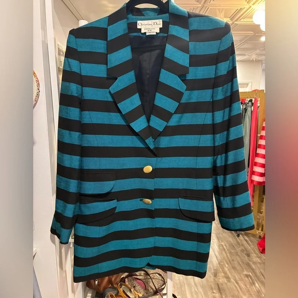 Christian Dior Women's Bold Teal and Black Striped Blazer vintage